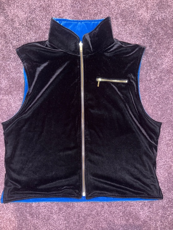 Jackets & Blazers - Black Velvet Zip-Front Sleeveless Vest with Blue Lining